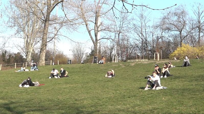 Na trávě v milánském parku vyznačili barvou kruhy pro slunění